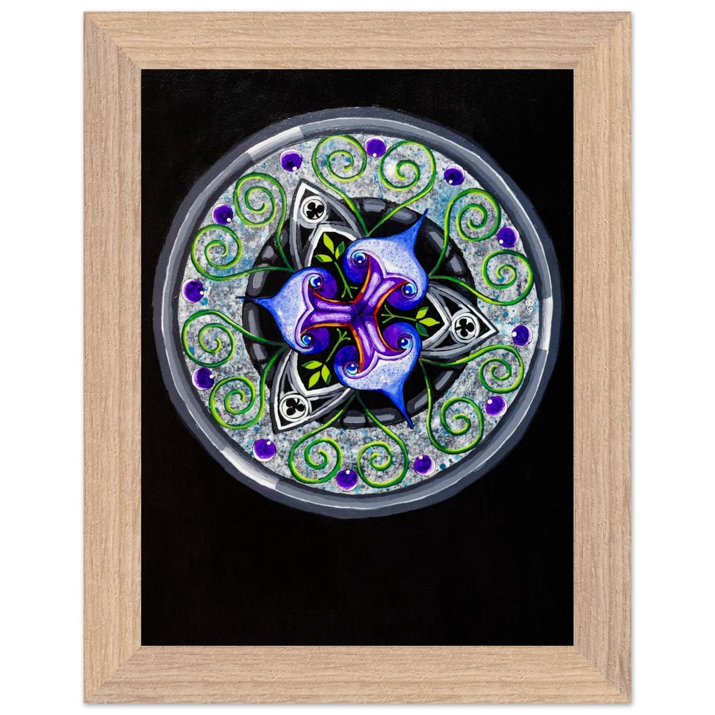Framed abstract artwork featuring layered blue and purple shapes with flowing green tendrils, printed as a museum‑quality matte art piece in a wooden frame.