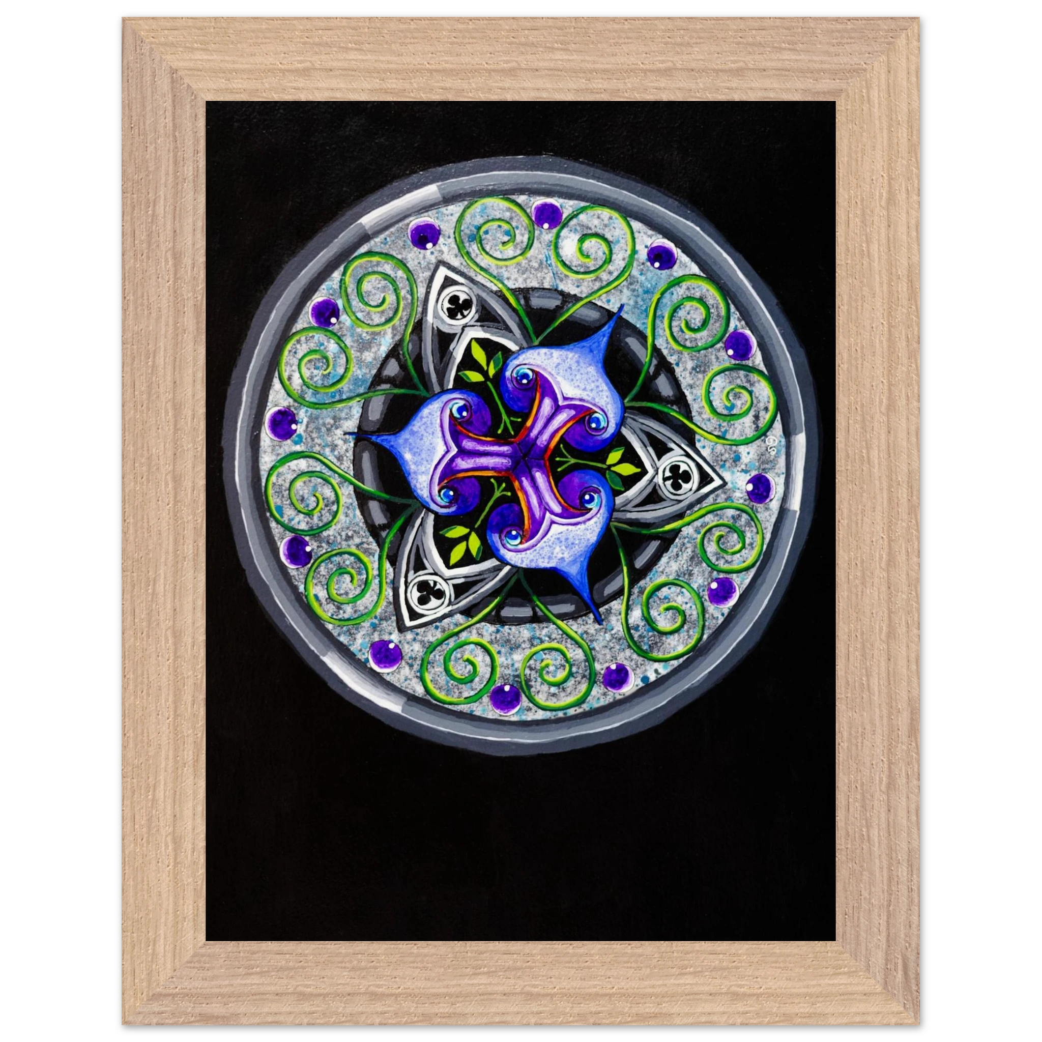 Framed abstract artwork featuring layered blue and purple shapes with flowing green tendrils, printed as a museum‑quality matte art piece in a wooden frame.
