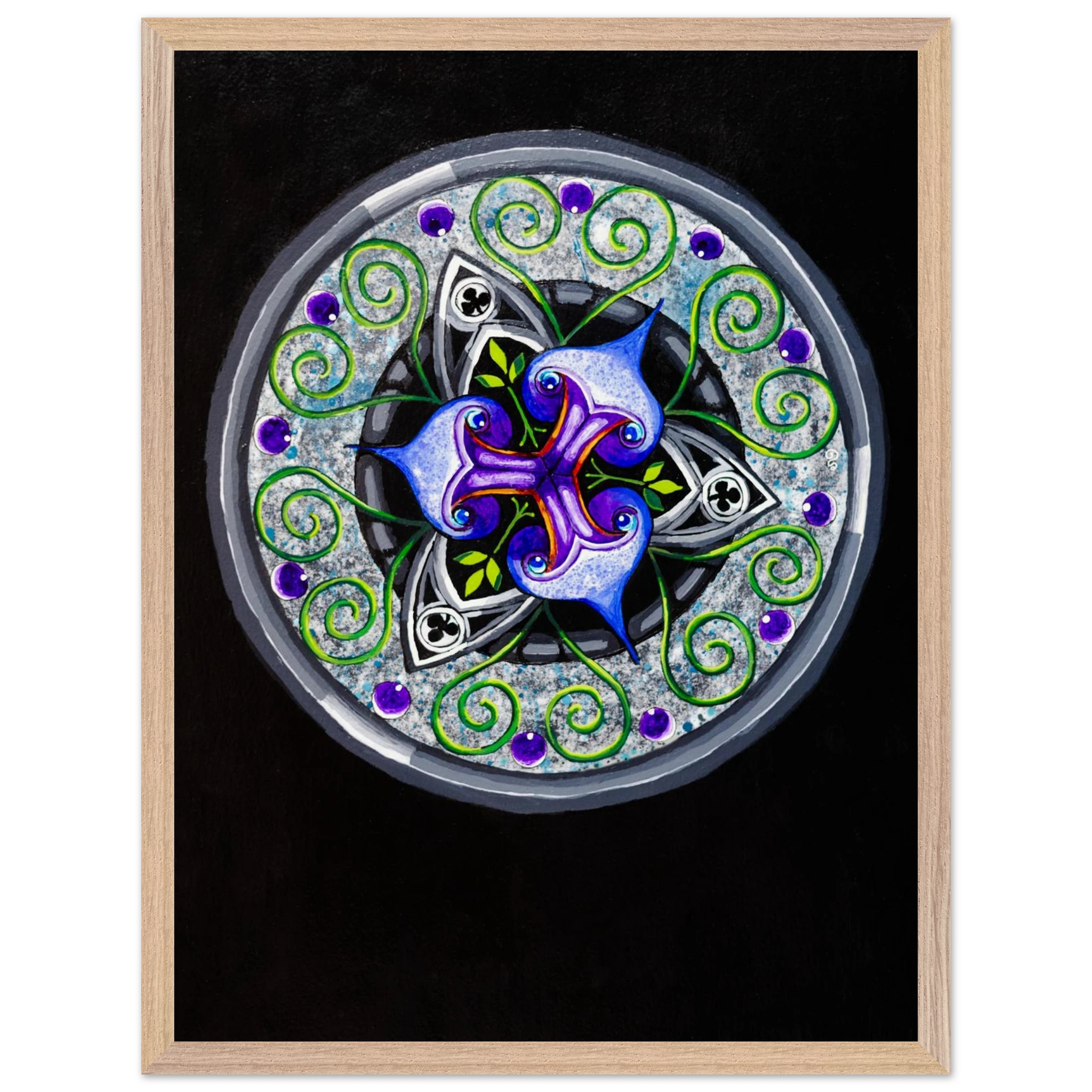 Framed abstract artwork featuring layered blue and purple shapes with flowing green tendrils, printed as a museum‑quality matte art piece in a wooden frame.