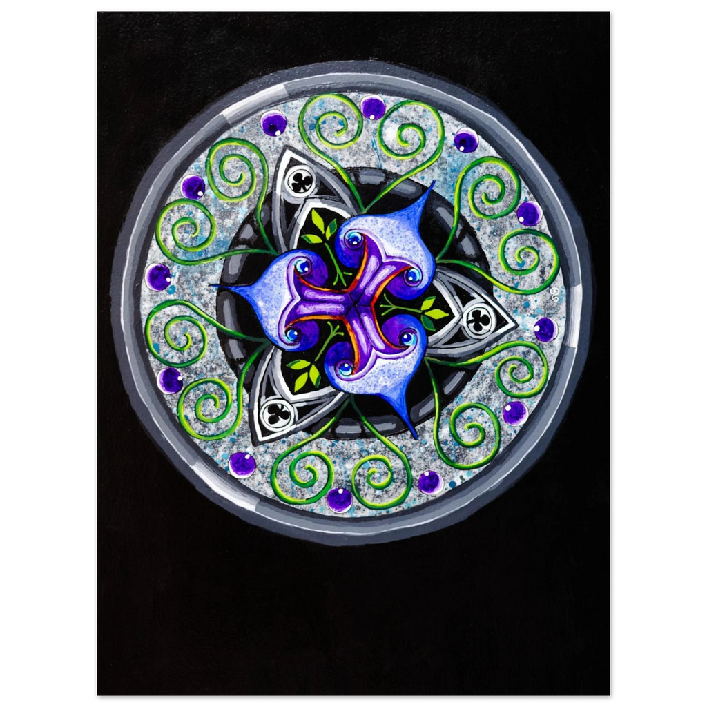 Abstract geometric artwork with alternating shapes and green tendrils.