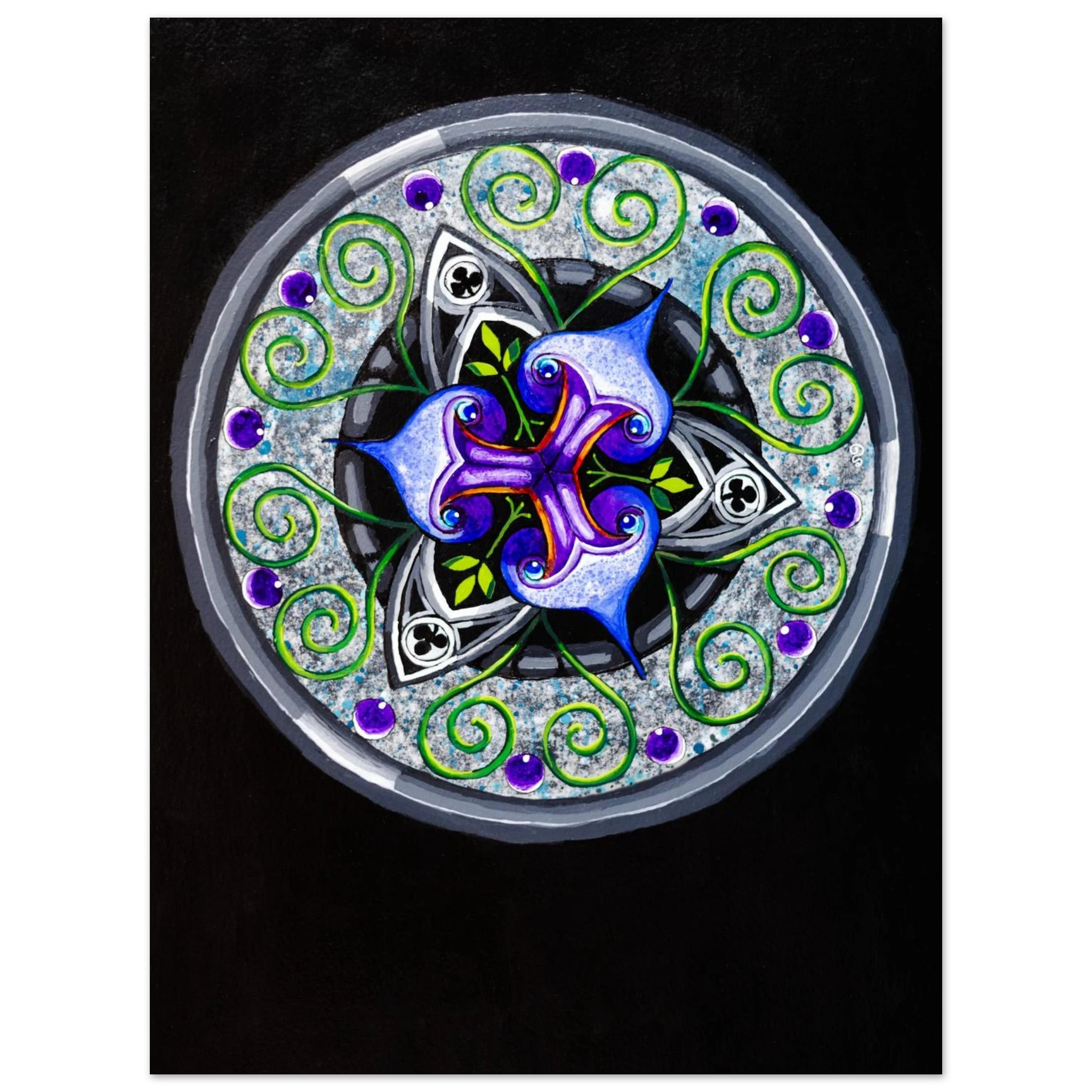 Abstract geometric artwork with alternating shapes and green tendrils.