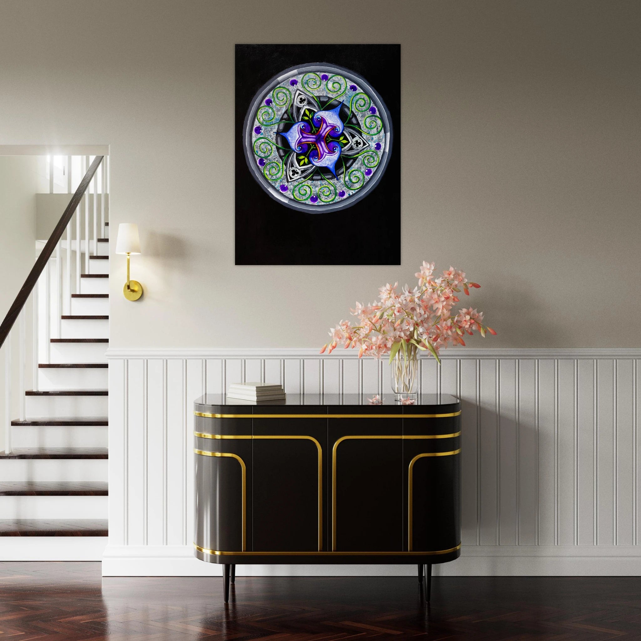 Framed abstract geometric art print displayed in a modern room setting.