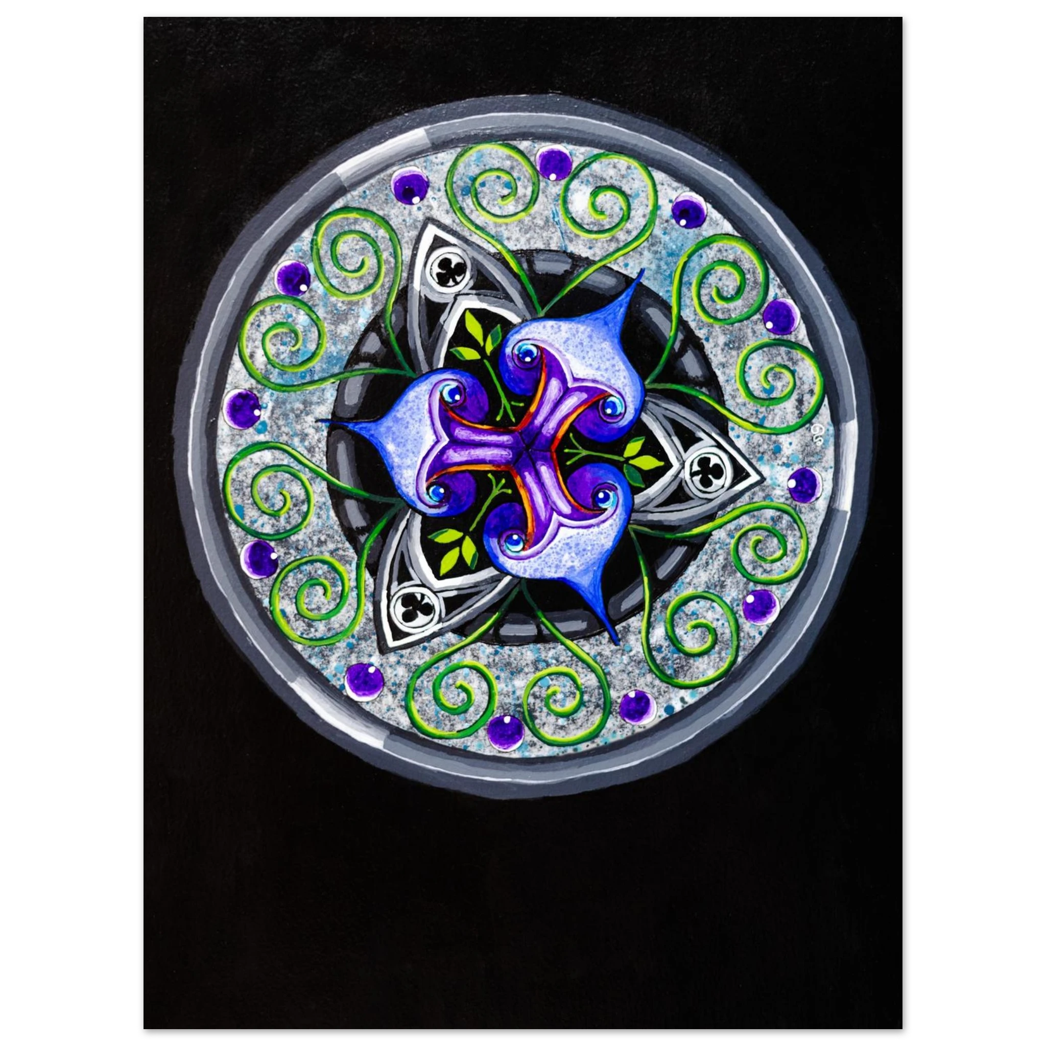 Abstract geometric artwork with alternating shapes and green tendrils.