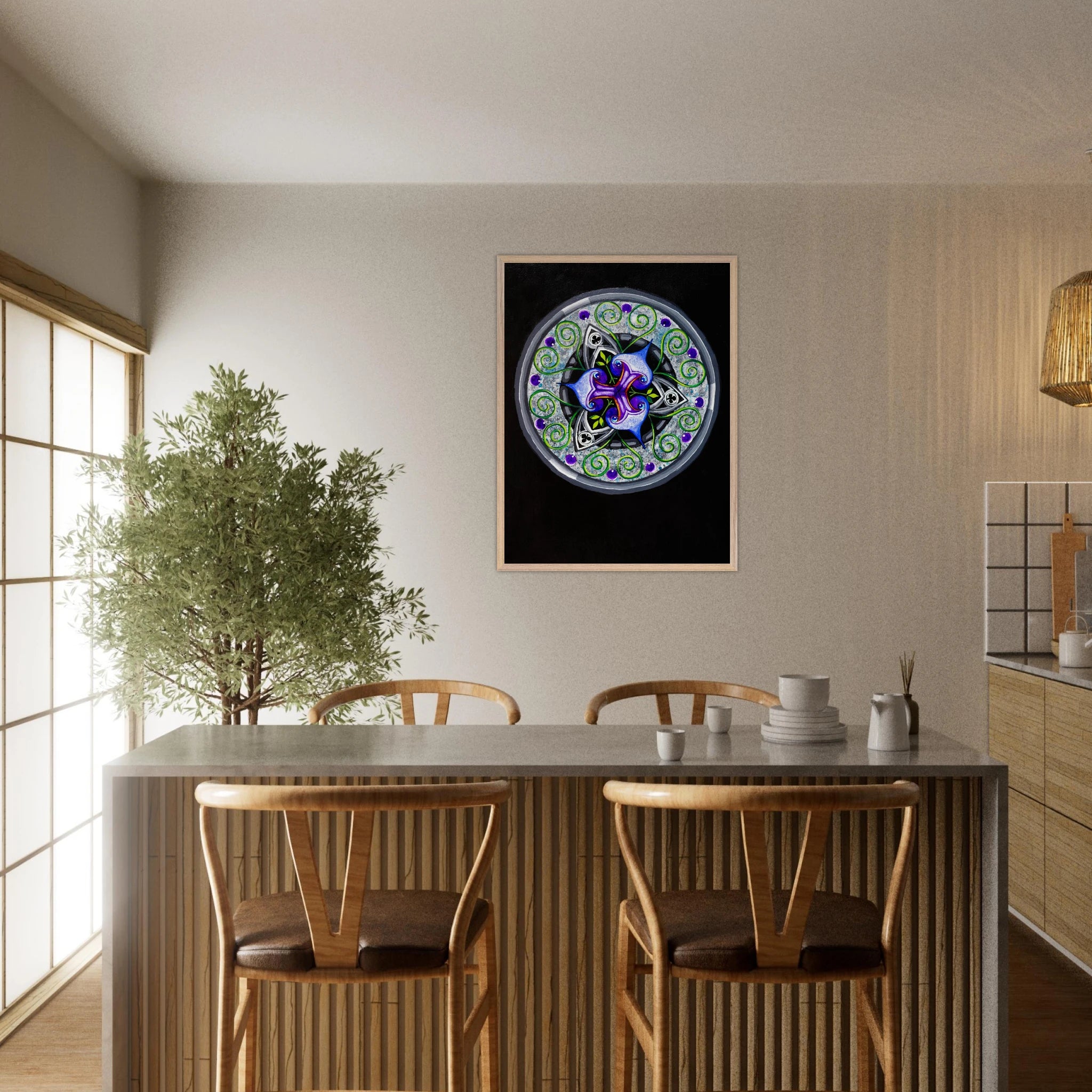 Framed abstract blue and purple artwork with green tendrils displayed on a wall in a styled room setting, showing scale and how the art looks when hung.