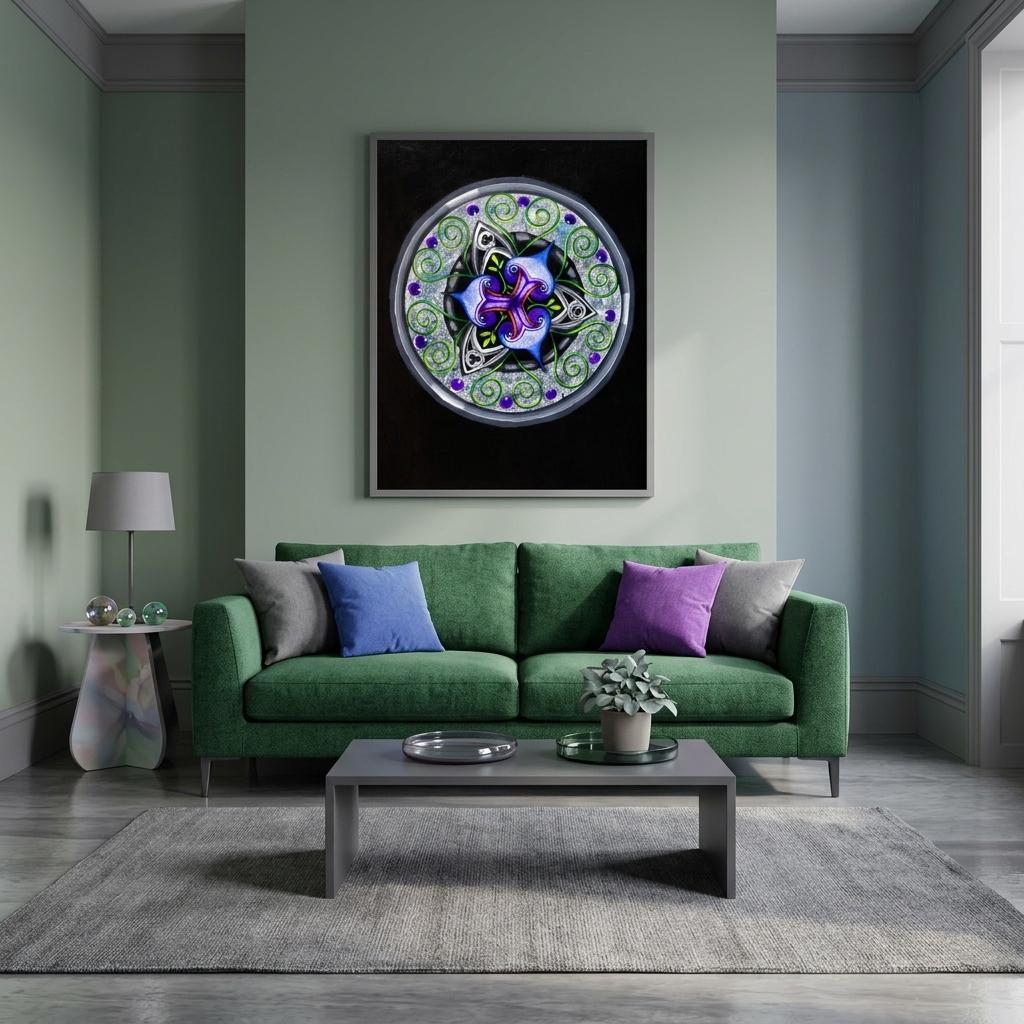 Framed abstract geometric art print displayed in a modern room setting.