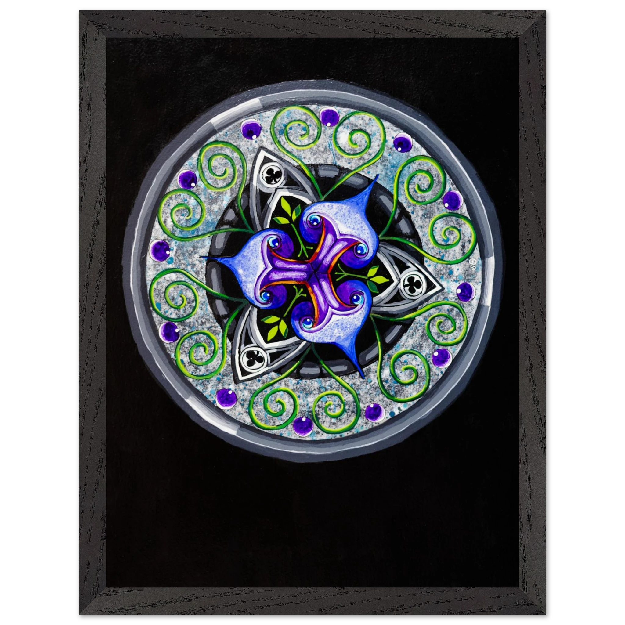 Framed abstract artwork featuring layered blue and purple shapes with flowing green tendrils, printed as a museum‑quality matte art piece in a wooden frame.