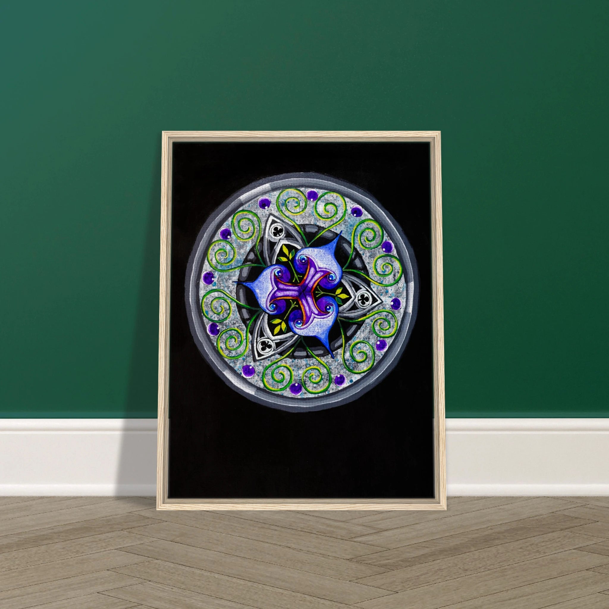 Modern geometric abstract artwork featuring layered iris‑inspired shapes, soft green tendrils, and alternating blue, purple, and gray forms printed on a canvas