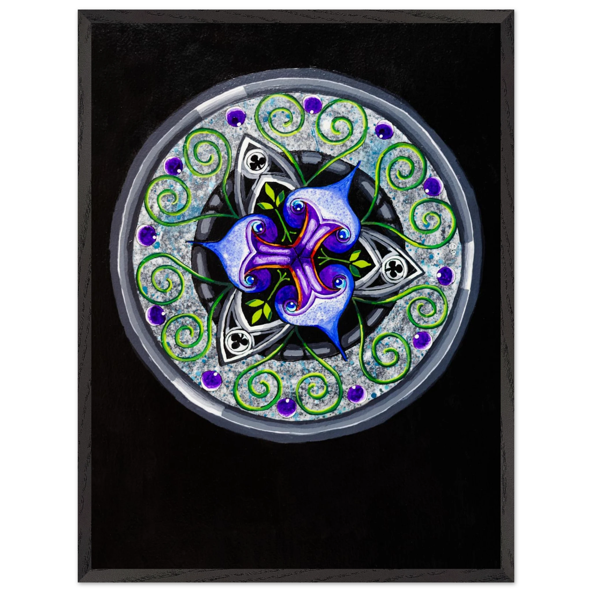 Framed abstract artwork featuring layered blue and purple shapes with flowing green tendrils, printed as a museum‑quality matte art piece in a wooden frame.
