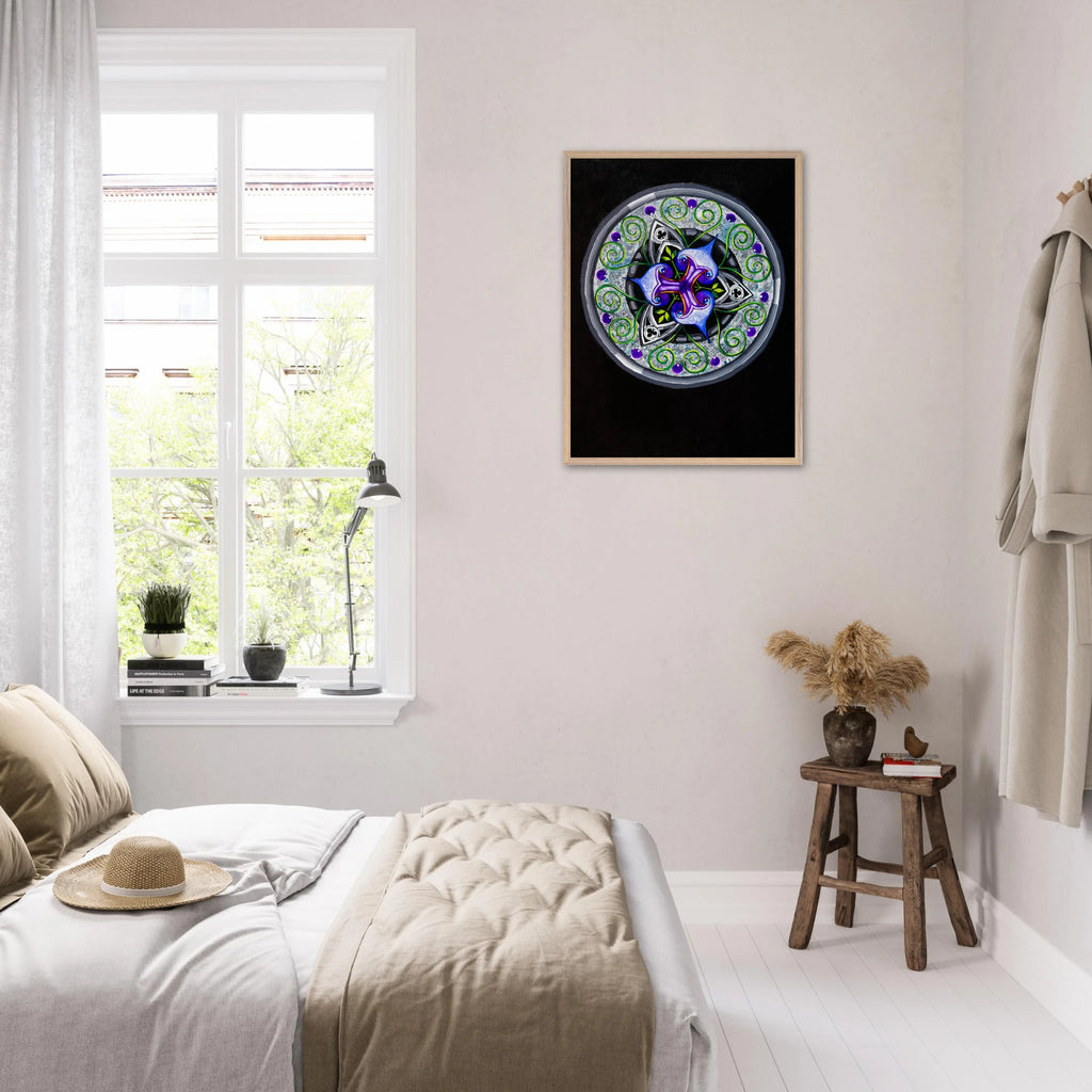 Framed abstract blue and purple artwork with green tendrils displayed on a wall in a styled room setting, showing scale and how the art looks when hung.