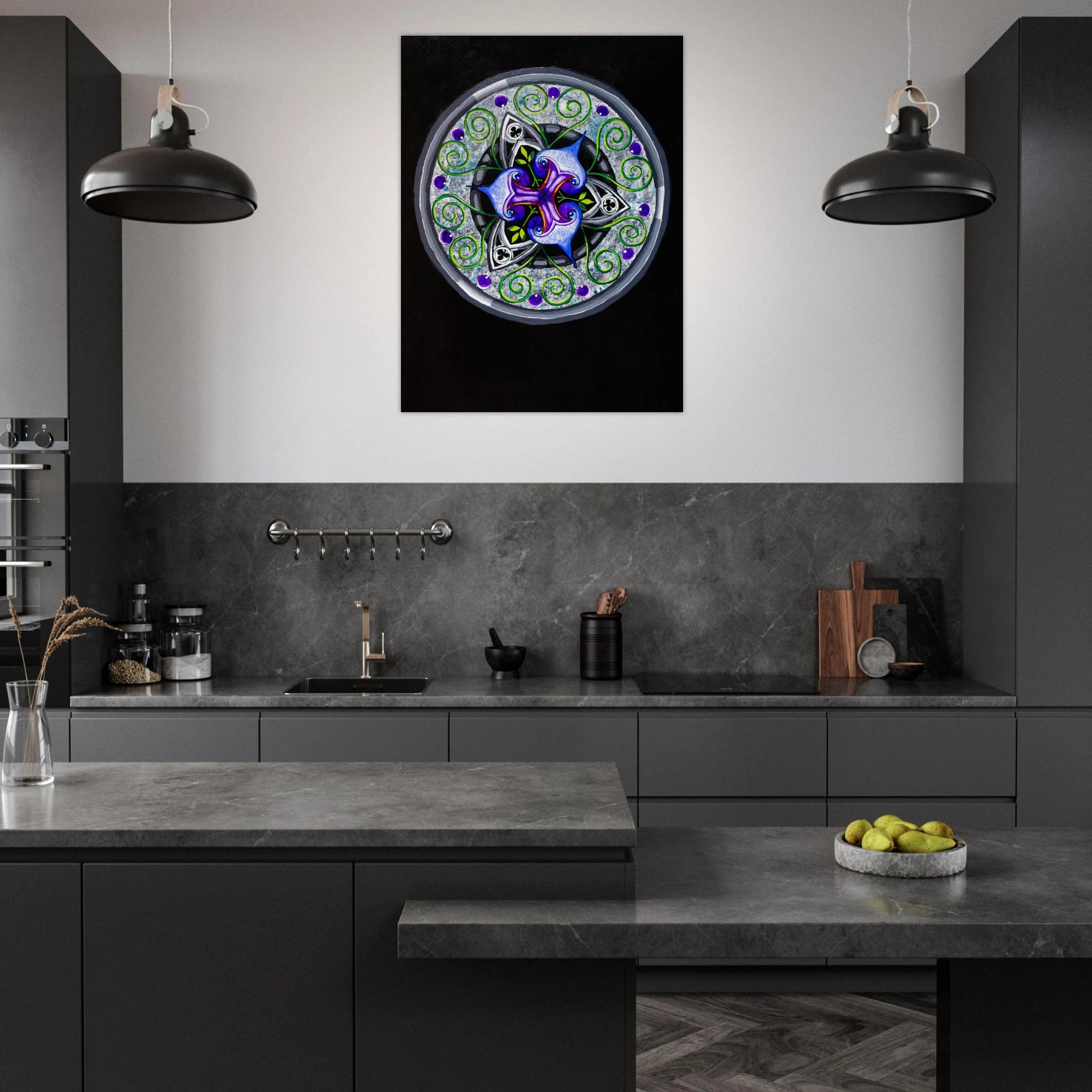 Framed abstract geometric art print displayed in a modern room setting.