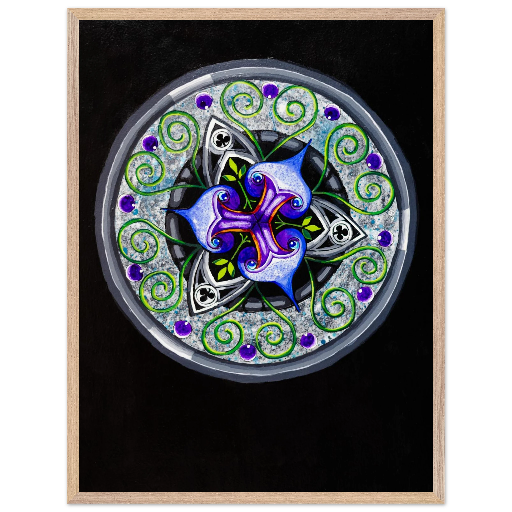 Framed abstract artwork featuring layered blue and purple shapes with flowing green tendrils, printed as a museum‑quality matte art piece in a wooden frame.