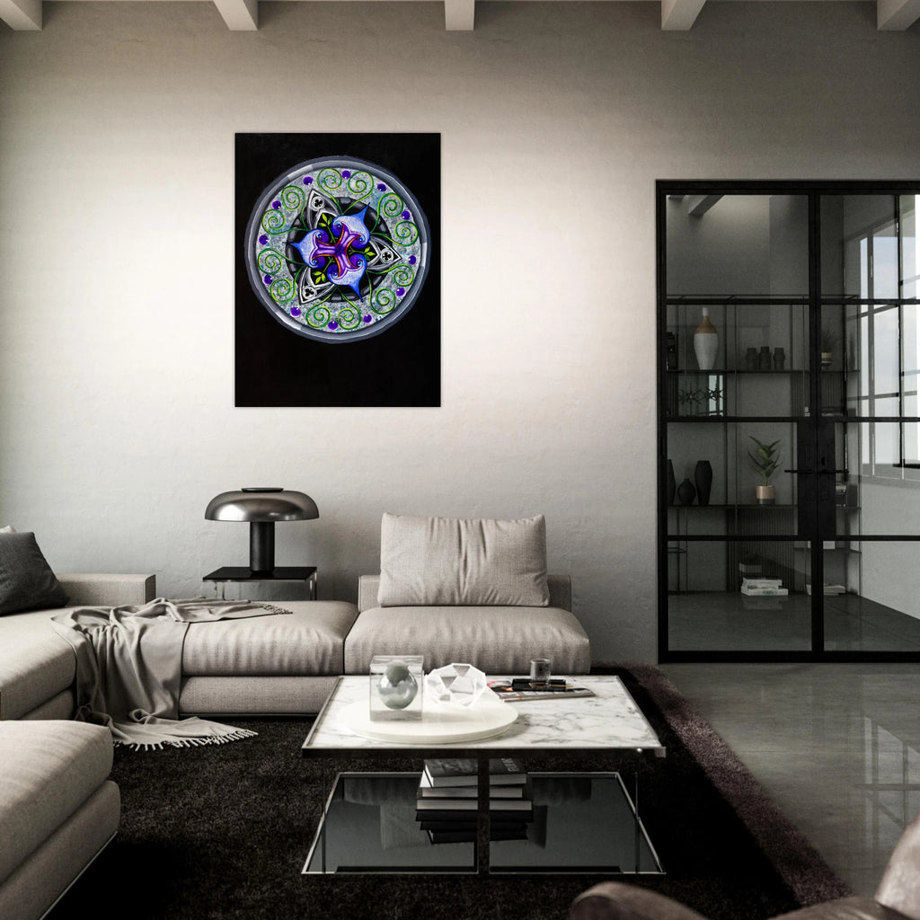 Framed abstract geometric art print displayed in a modern room setting.