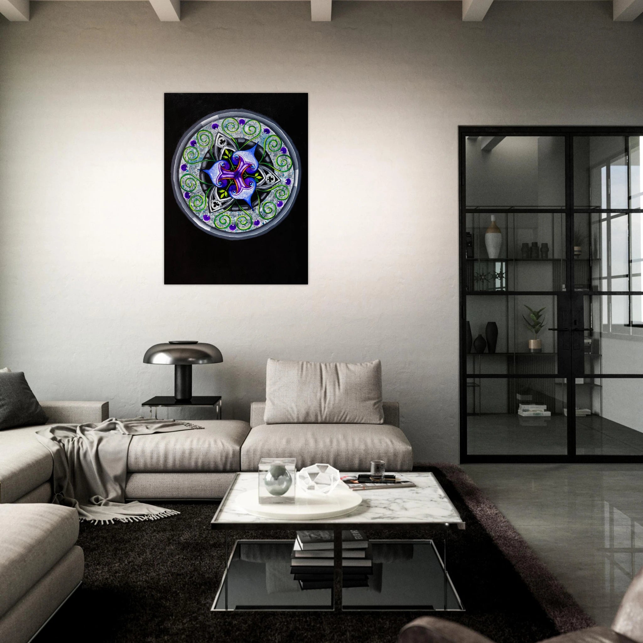 Framed abstract geometric art print displayed in a modern room setting.