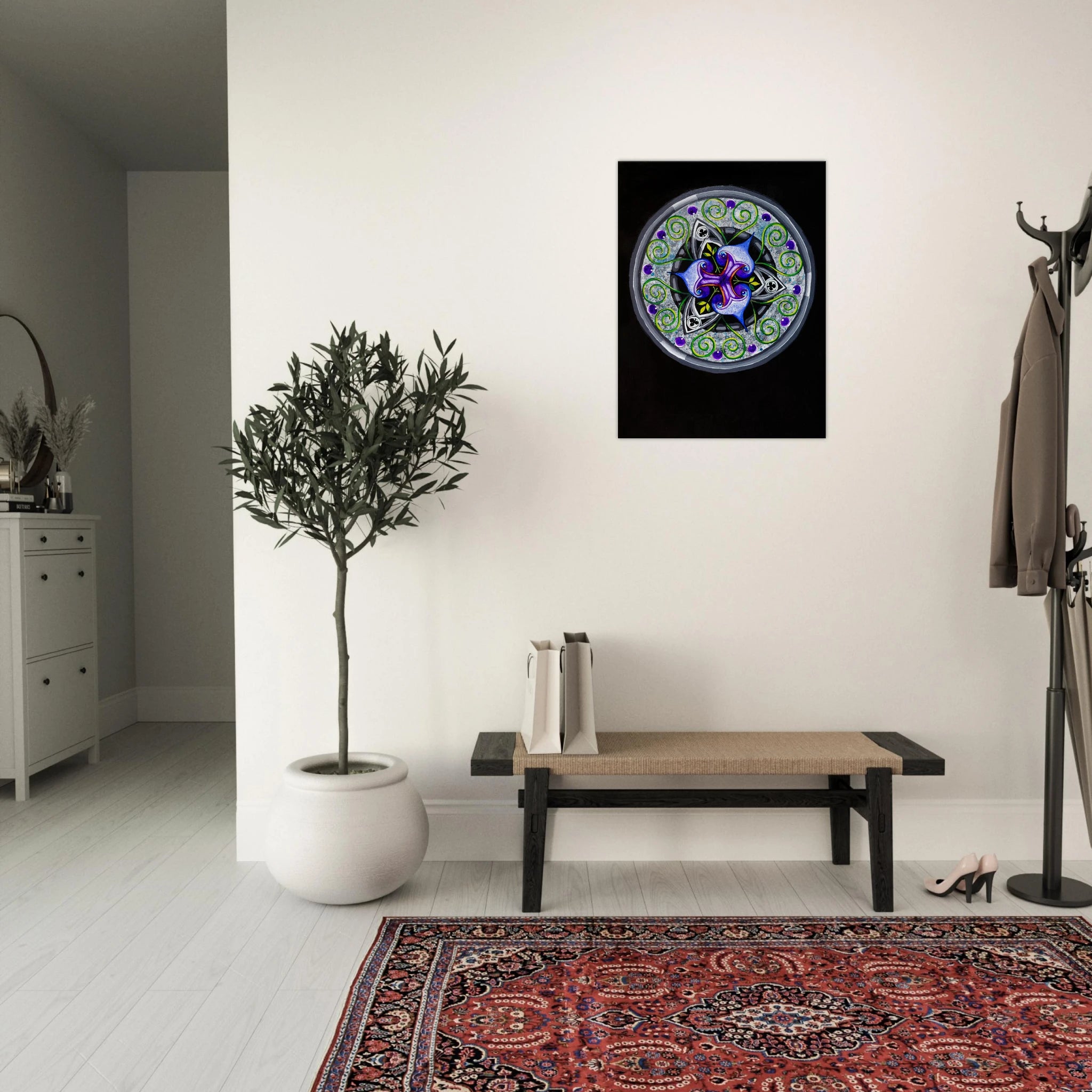 Modern geometric abstract artwork featuring layered iris‑inspired shapes, soft green tendrils, and alternating blue, purple, and gray forms printed on a canvas