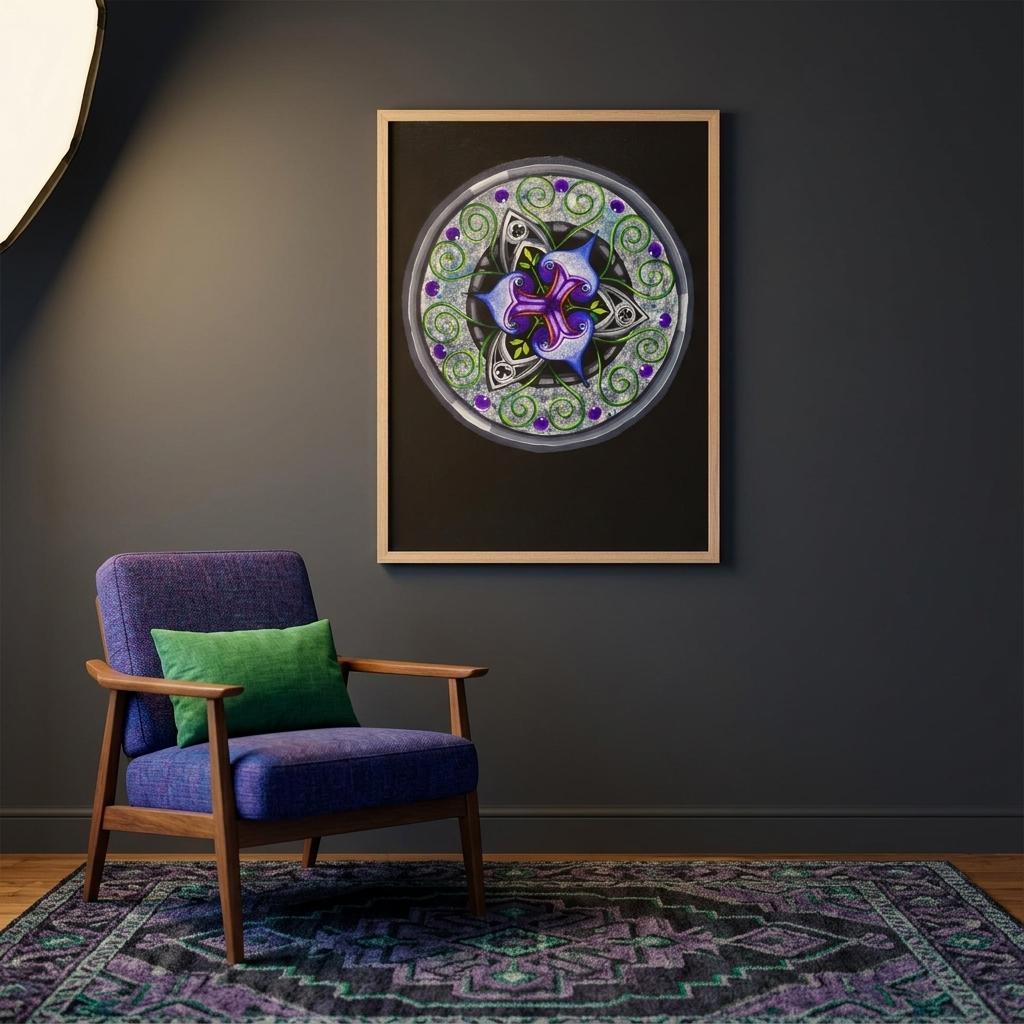 Framed abstract blue and purple artwork with green tendrils displayed on a wall in a styled room setting, showing scale and how the art looks when hung.