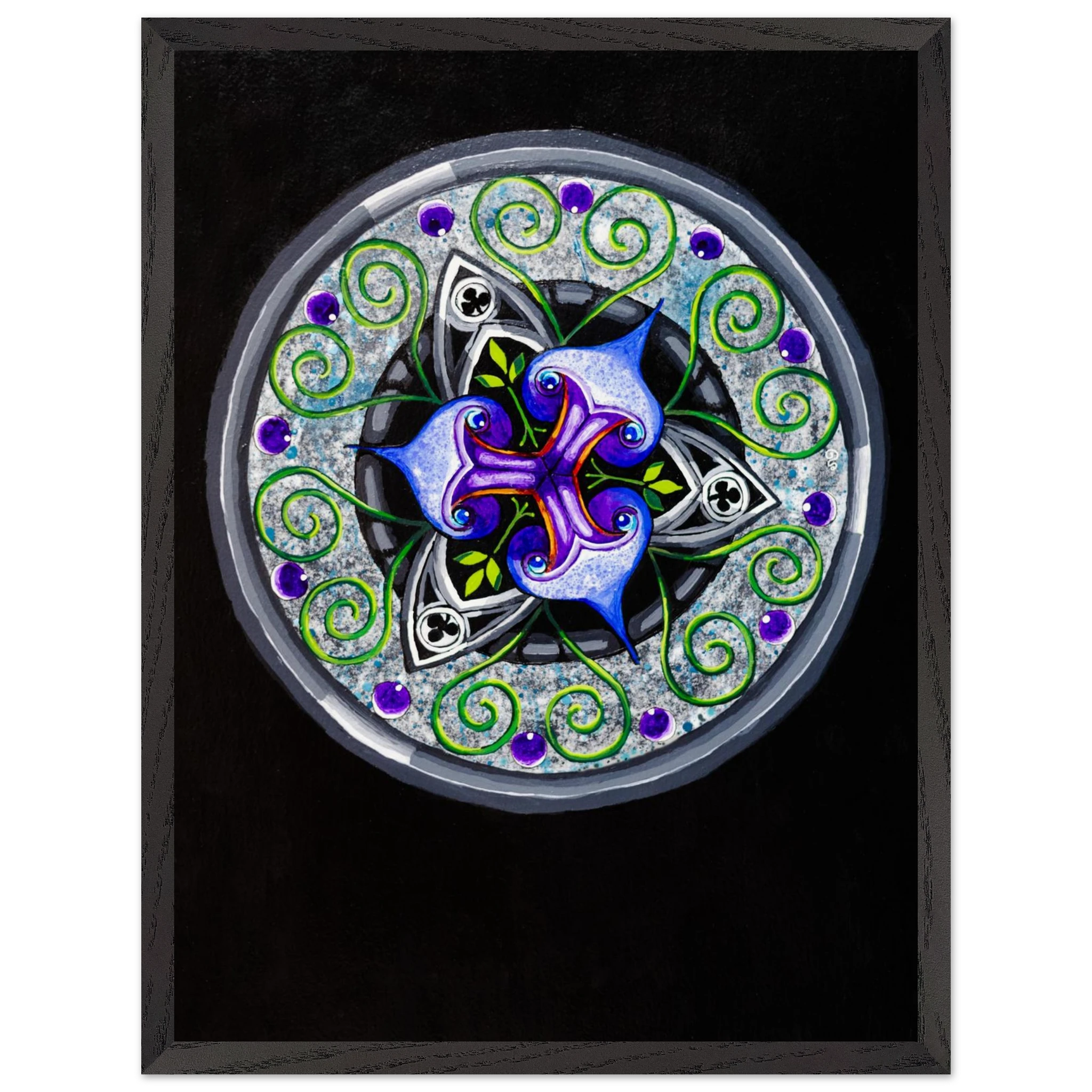 Framed abstract artwork featuring layered blue and purple shapes with flowing green tendrils, printed as a museum‑quality matte art piece in a wooden frame.
