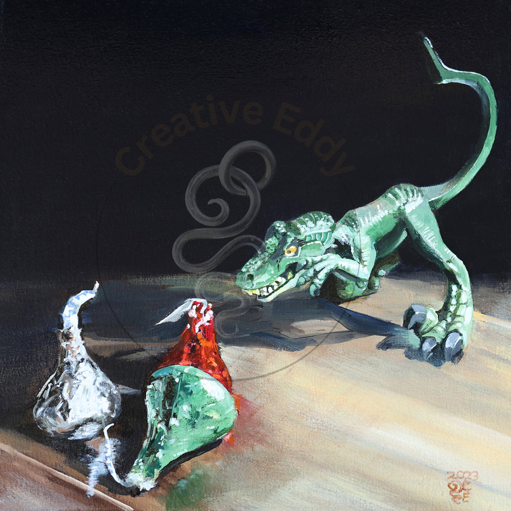 Chocolate Predator – Whimsical Dinosaur Canvas Print, Oil Painting Wall Art