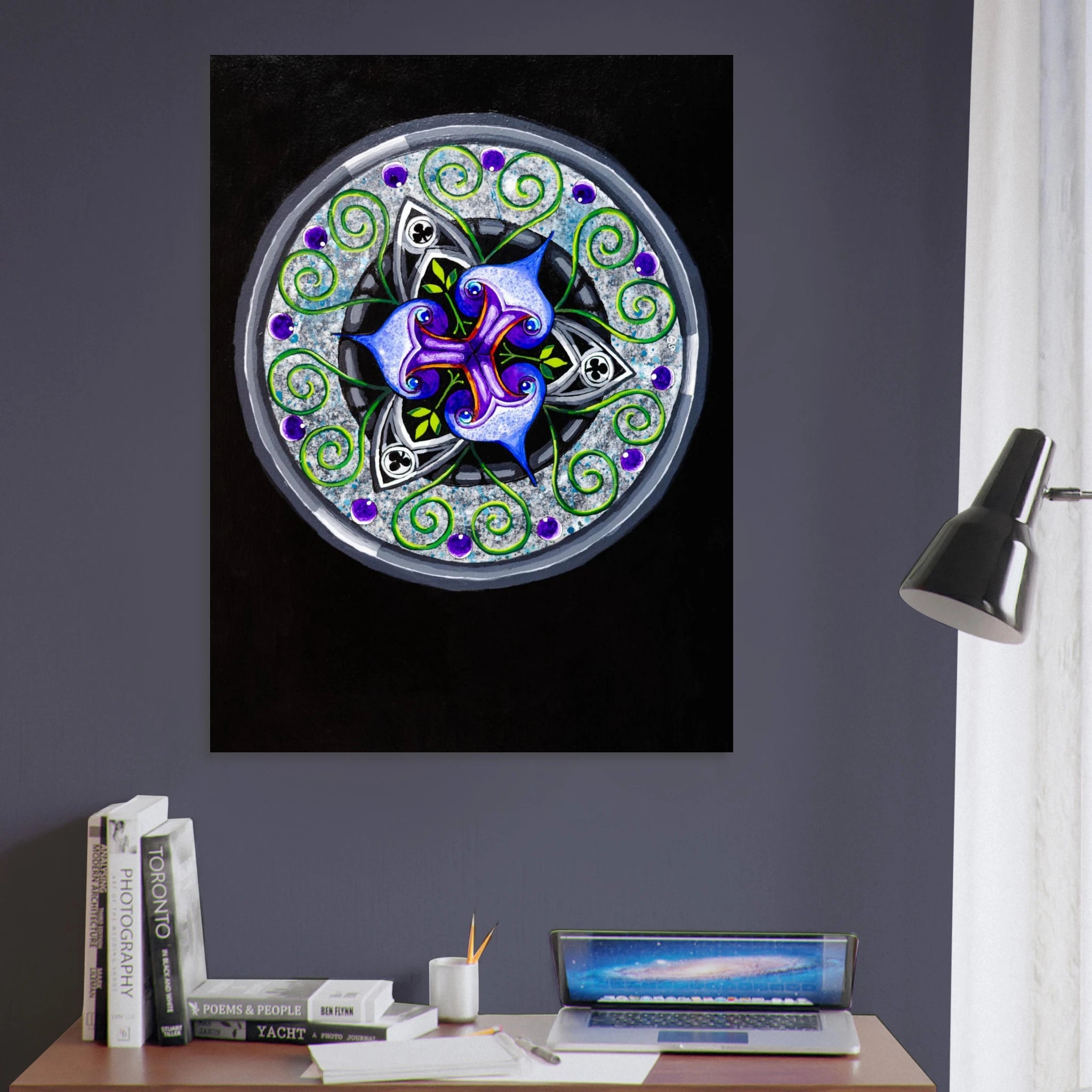 Framed abstract geometric art print displayed in a modern room setting.