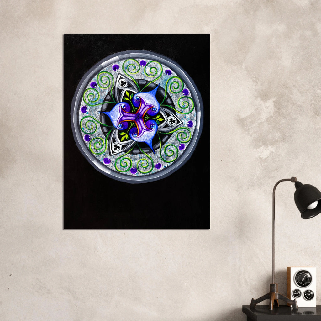 Framed abstract geometric art print displayed in a modern room setting.