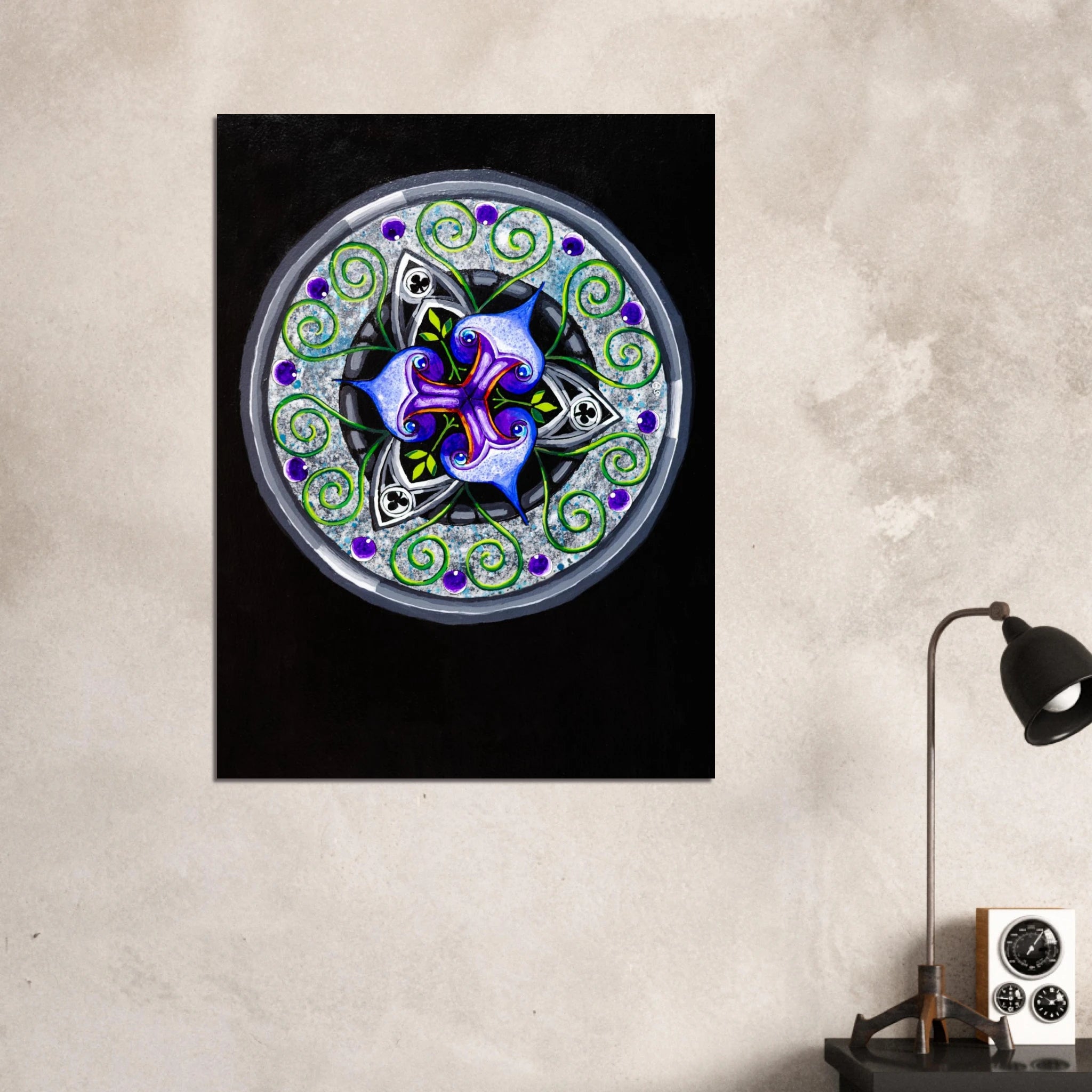 Framed abstract geometric art print displayed in a modern room setting.
