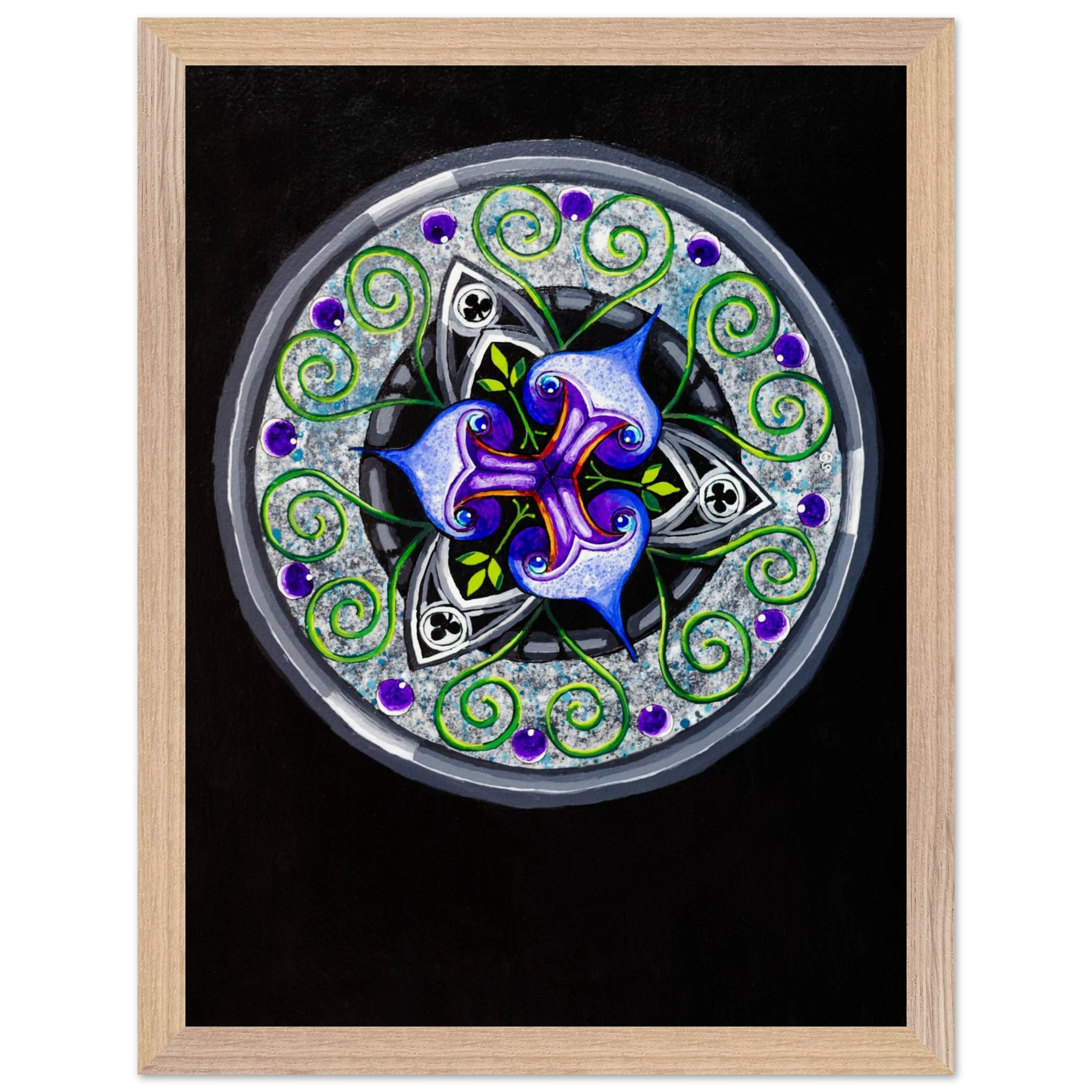 Framed abstract artwork featuring layered blue and purple shapes with flowing green tendrils, printed as a museum‑quality matte art piece in a wooden frame.