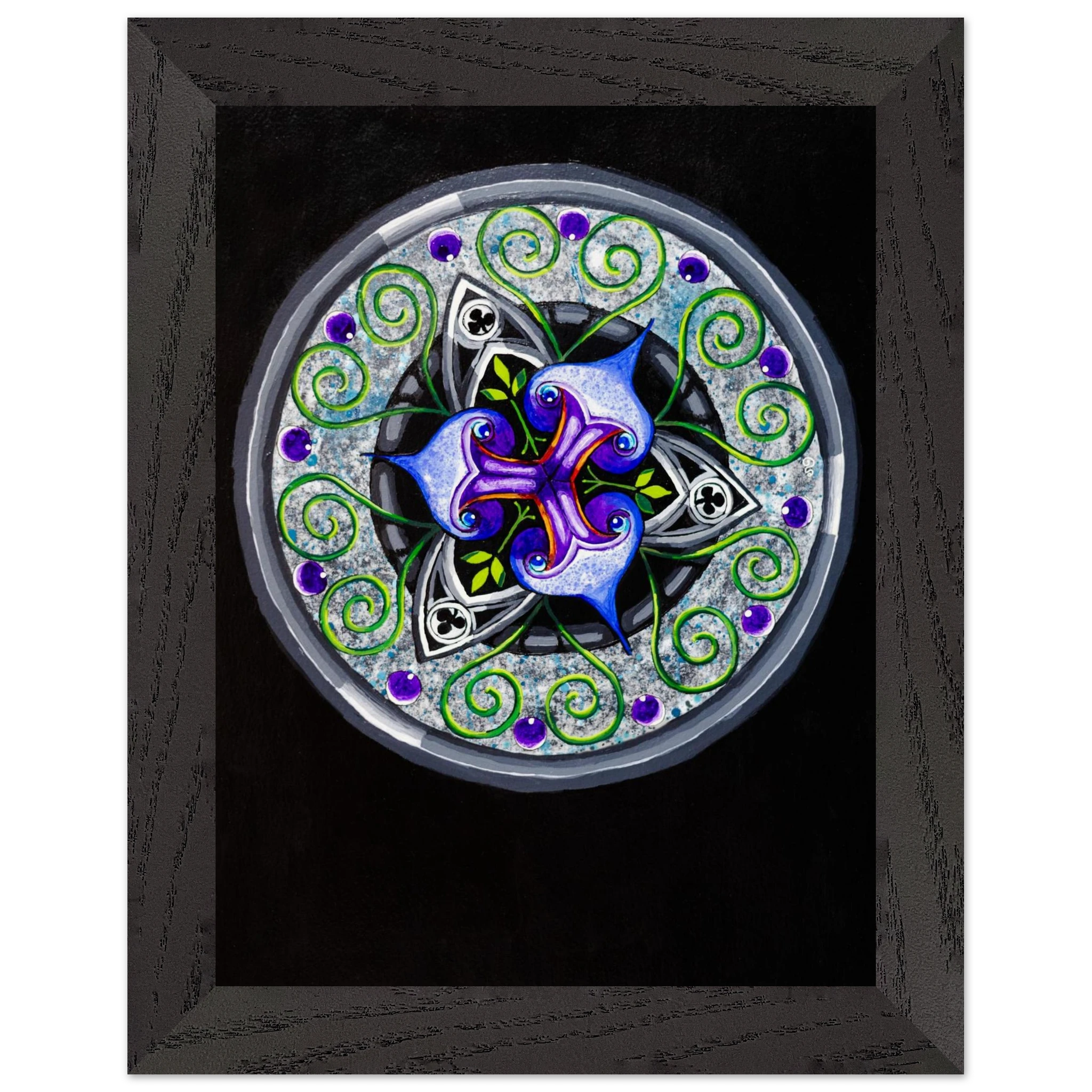 Framed abstract artwork featuring layered blue and purple shapes with flowing green tendrils, printed as a museum‑quality matte art piece in a wooden frame.