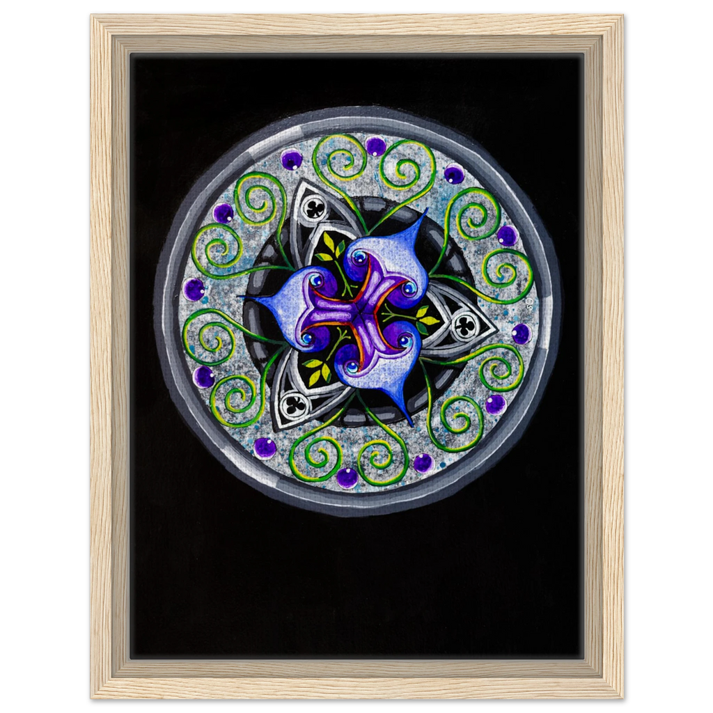 Modern geometric abstract artwork featuring layered iris‑inspired shapes, soft green tendrils, and alternating blue, purple, and gray forms printed on a canvas
