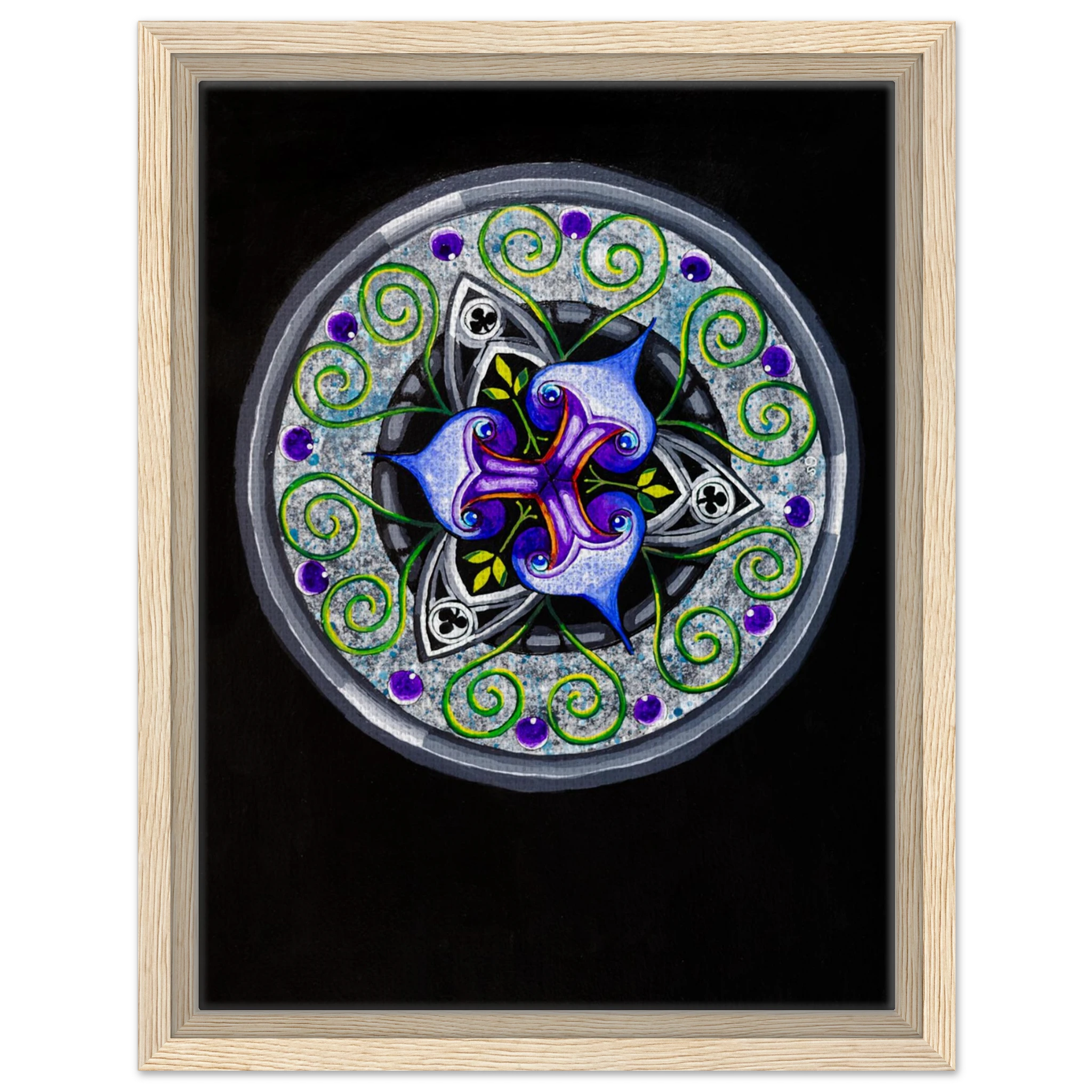 Modern geometric abstract artwork featuring layered iris‑inspired shapes, soft green tendrils, and alternating blue, purple, and gray forms printed on a canvas