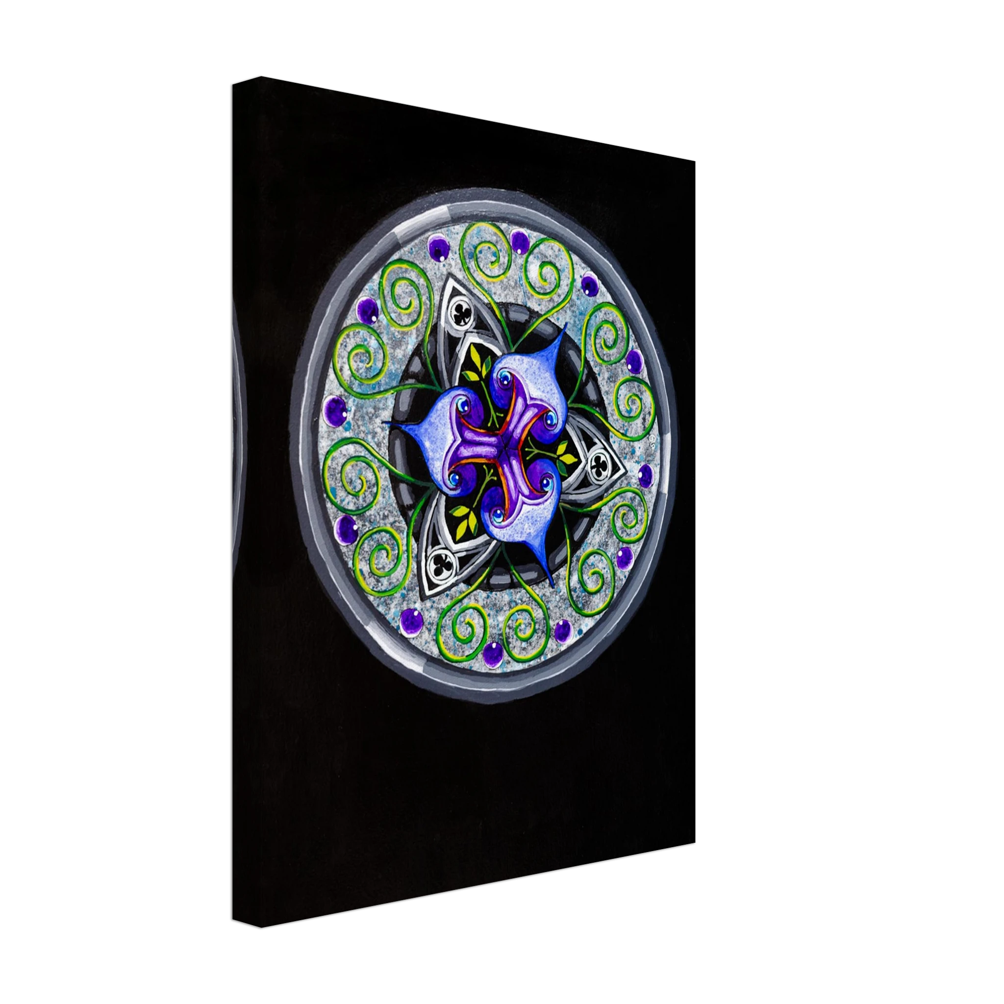 Modern geometric abstract artwork featuring layered iris‑inspired shapes, soft green tendrils, and alternating blue, purple, and gray forms printed on a canvas